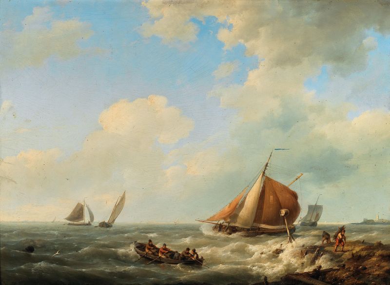 Fishermen on the Shore by Hermanus Koekkoek, oil painting depicting fishermen at dawn by the shore