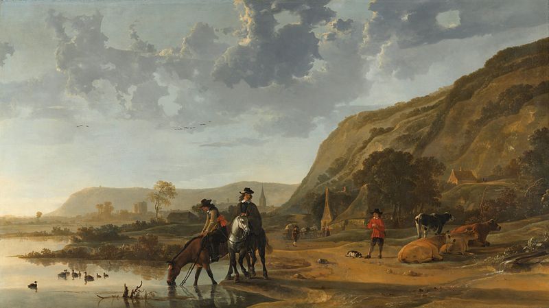 River landscape with riders and cattle, oil on canvas by Aelbert Cuyp