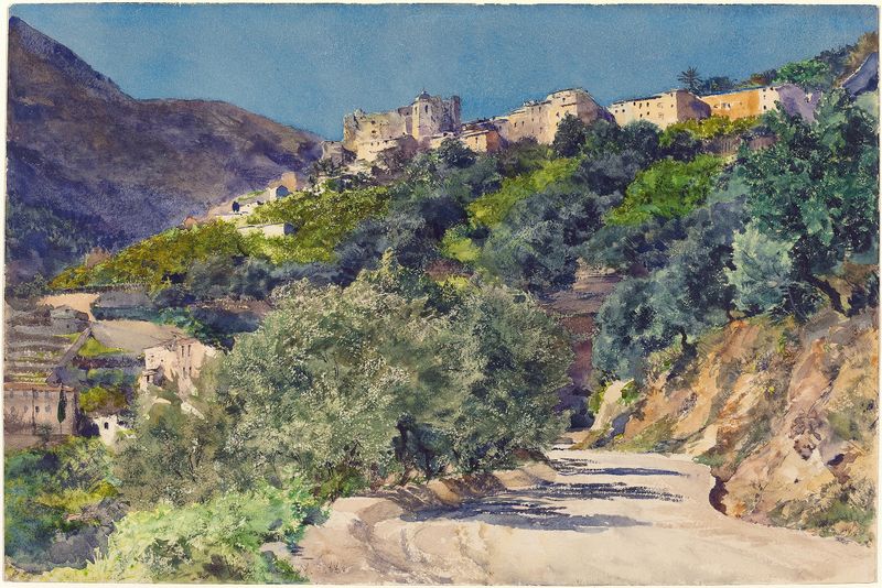 Paisaje de colinas bañadas por el sol de Jules-Ferdinand Jacquemart, pintura al óleo
