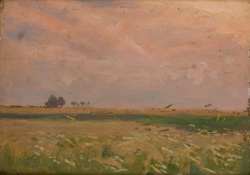 Fields near Bronowice by Jan Stanisławski, impressionist landscape, featuring lush green fields and sunlight.
