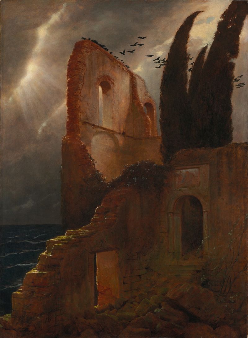 Ruin by the Sea, oil painting by Arnold Böcklin, featuring decaying architecture illuminated by golden light.