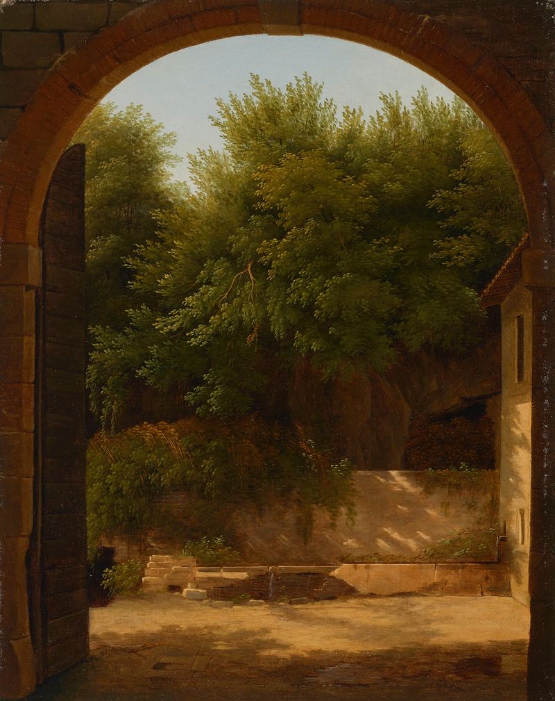 Sunlit courtyard with a trough, oil on canvas by Jean-Victor Bertin