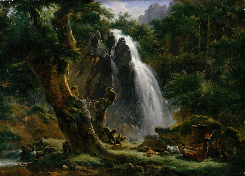 Waterfall at Mont-Dore by Achille Etna Michallon, oil on canvas depicting a waterfall over rocks.