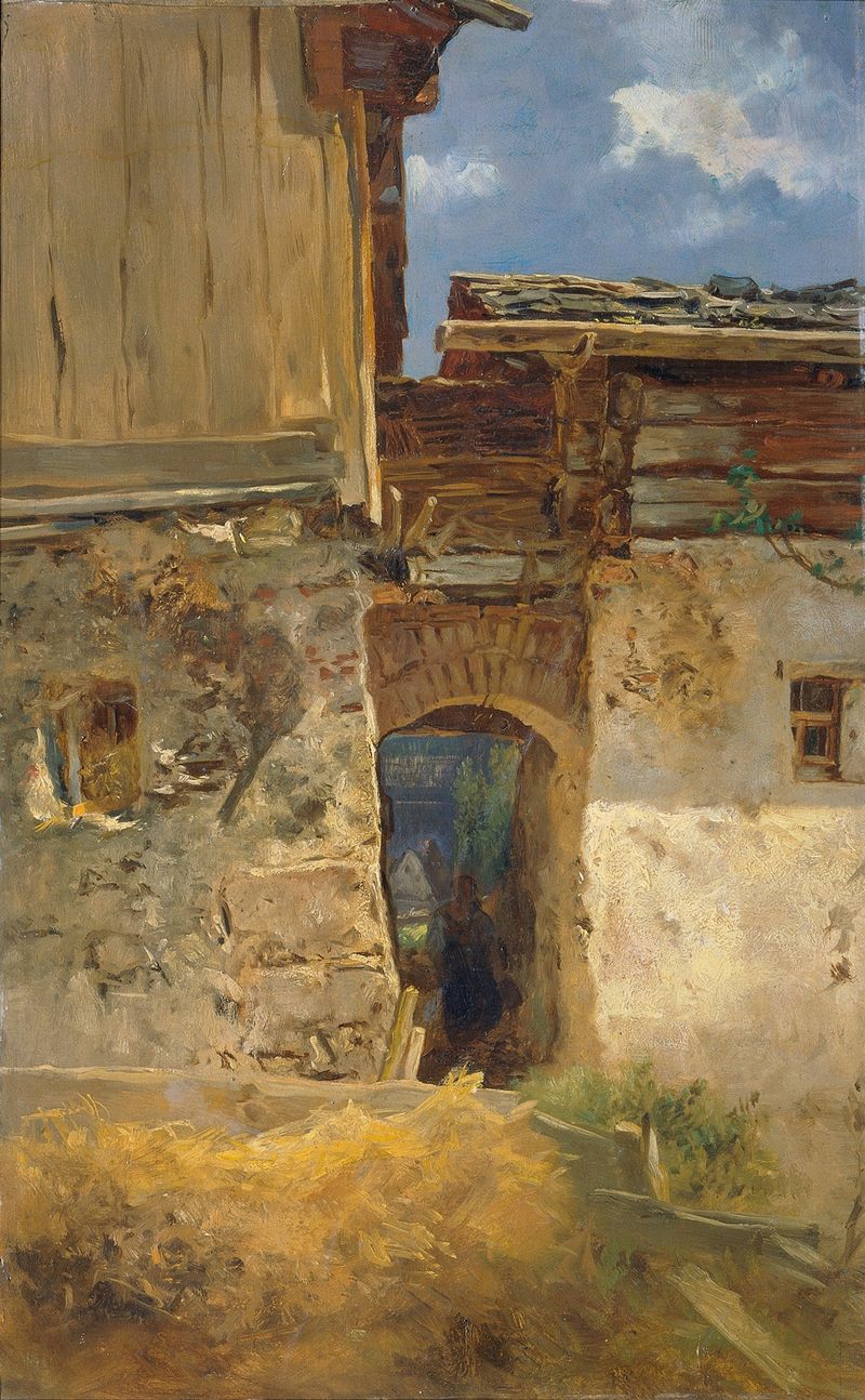 Gässchen in Hallstatt by Anton Schrödl, oil on canvas depicting a village with flowers and light.