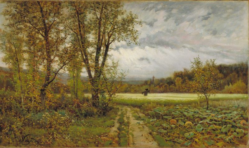 The Scarecrow by Joaquim Vayreda, oil painting depicting a scarecrow in a field.