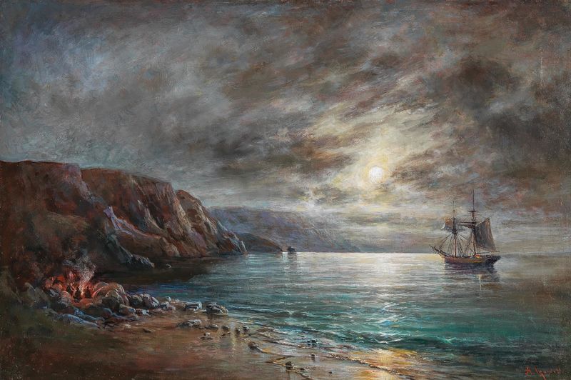 Moonlit Night over Crimea de A. Frandetti, pintura a óleo com águas tranquilas e luz lunar.