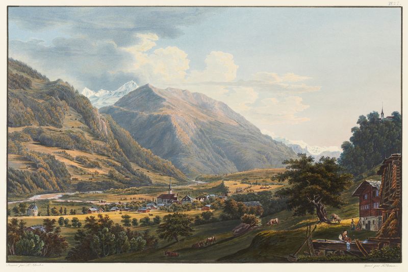 Landscape depicting a village with cottages and rolling hills by Johann Ludwig Bleuler