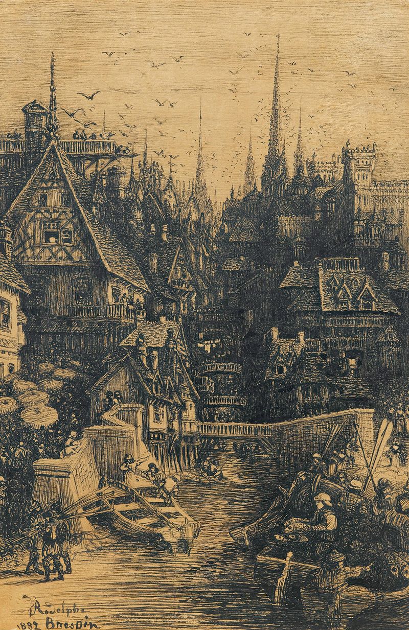 Gravura de Rodolphe Bresdin retratando uma cidade medieval com torres e sombras.