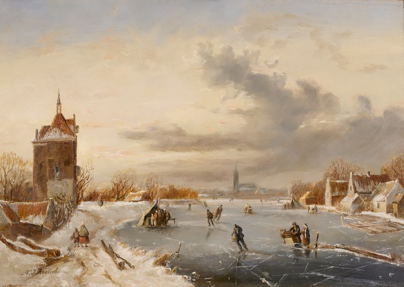 Winterlandschap by Nicolaas Johannes Roosenboom, oil on canvas depicting a serene snowy landscape.