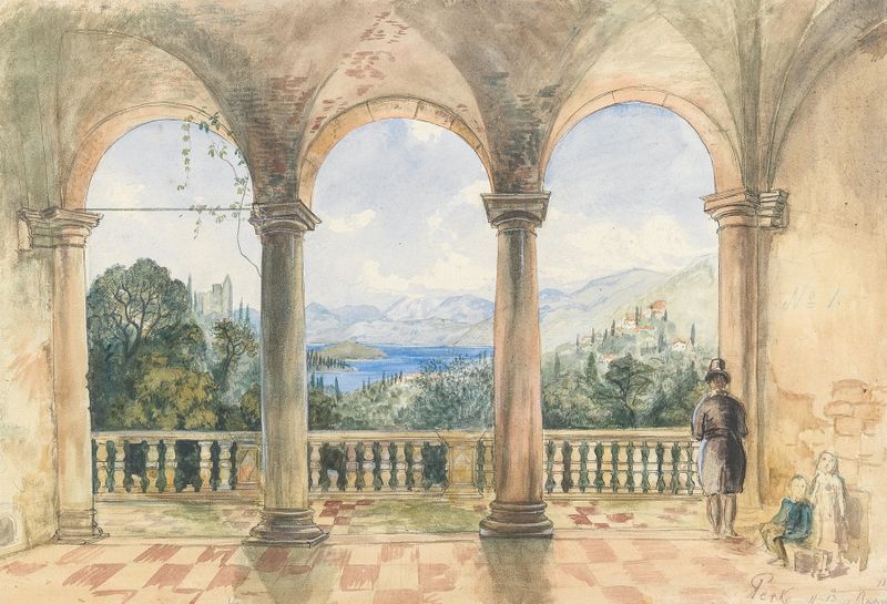 Landscape oil painting by Anton Perko showing a loggia with dawn light