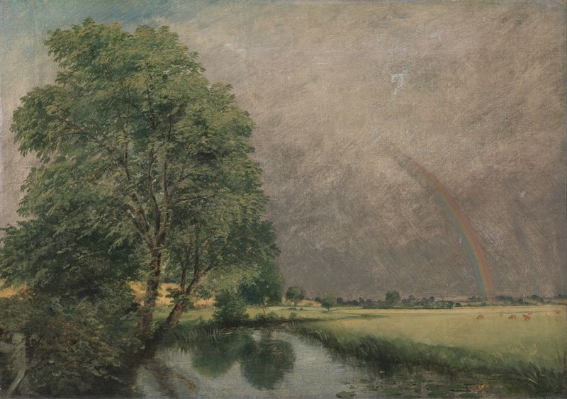 Aquarela de John Dunthorne retratando um arco-íris sobre uma paisagem serena.
