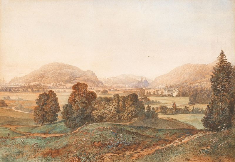 Landscape featuring the steeple of Dürnstein in Wachau Valley, oil painting by Franz Brenner