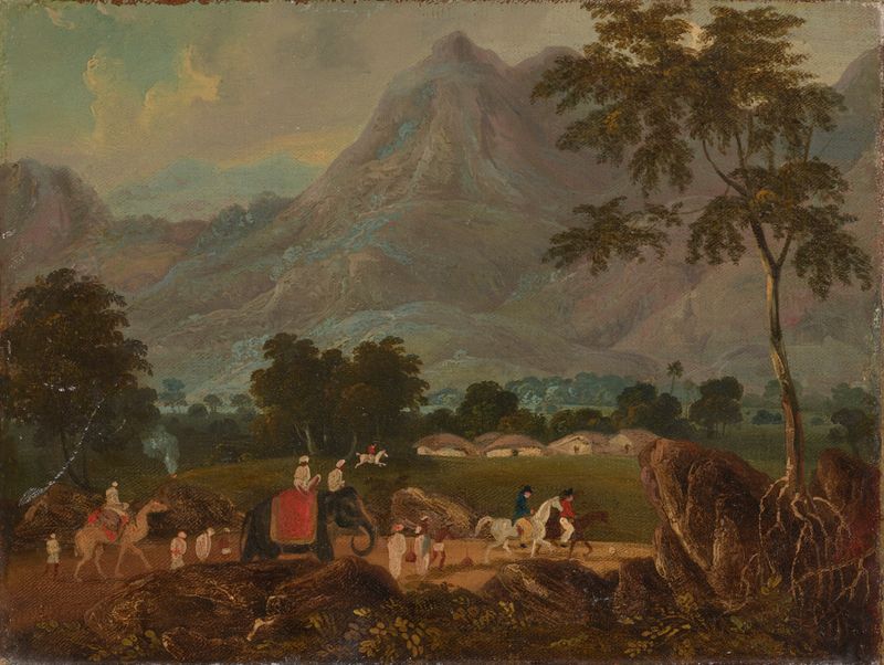 Watercolour by Sir Charles D'Oyly showing a road with an elephant and a camel.