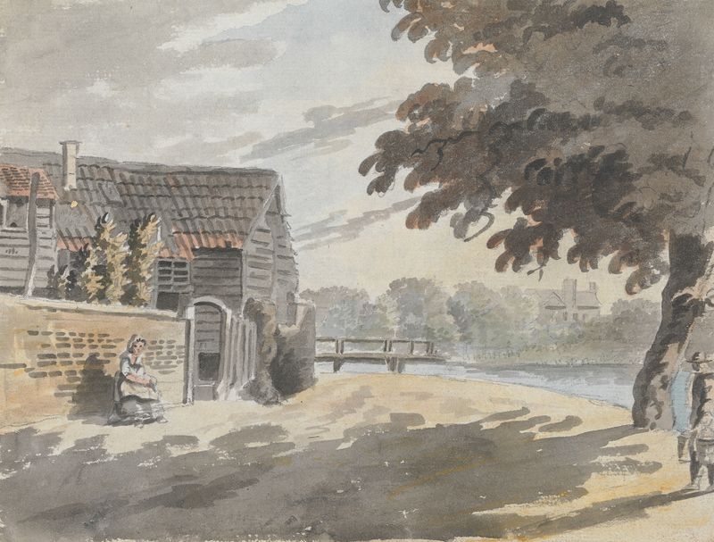 Casa junto a un Puente de James Miller, pintura al óleo que muestra una casa junto al agua y vegetación.