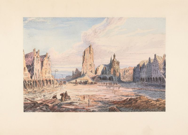 Landscape oil painting by E. Tatin depicting a town square with Hôtel de Ville.