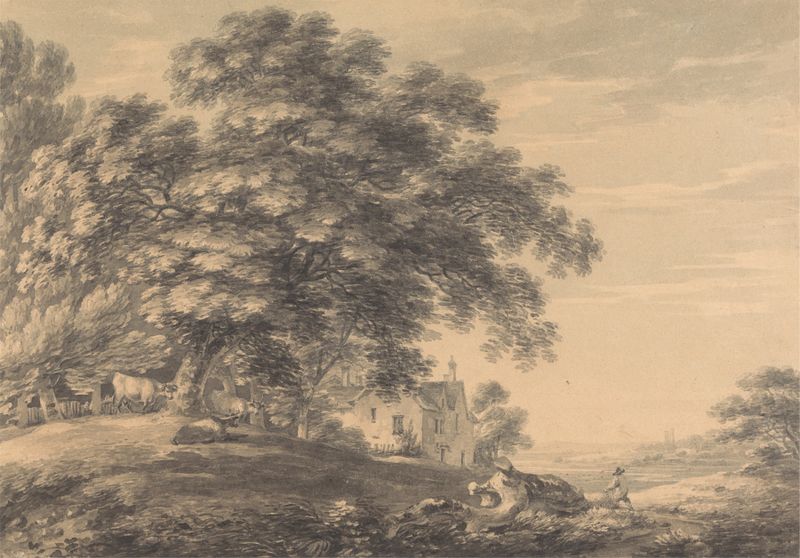 Watercolour by Thomas Hearne depicting rolling hills and a fading sky.