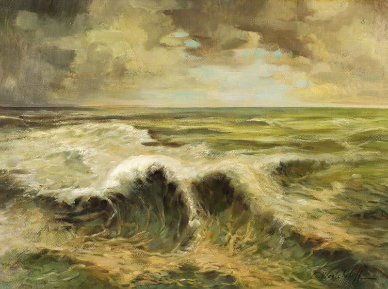 Seascape by Constantin Westchiloff, oil painting depicting waves and horizon.
