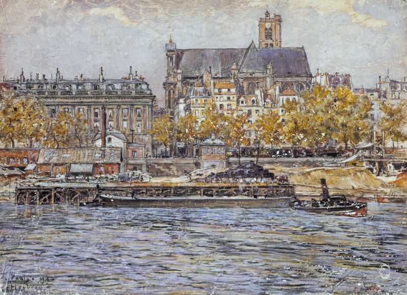 Genre scene with a bustling crowd near Hôtel-de-Ville by Frédéric Houbron, oil painting