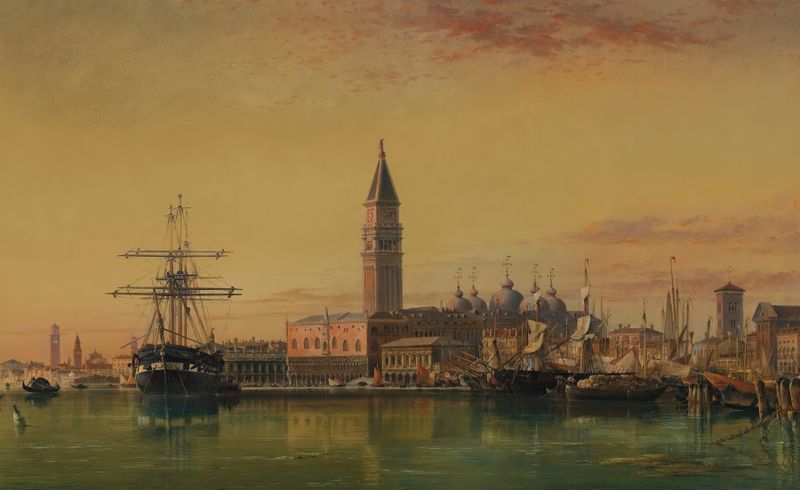 Venice by Edward William Cooke, oil on canvas, depicting sunset over water and architecture.