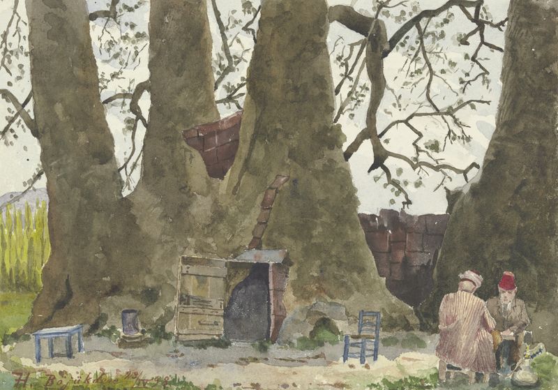Figurative scene with two Arab men before a large tree, oil painting by Fritz Hauck