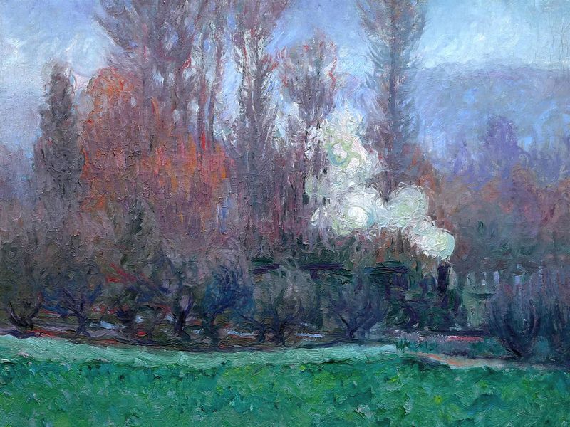 Le Train à Giverny, oil on canvas by Theodore Earl Butler, depicting a train in a vibrant landscape.