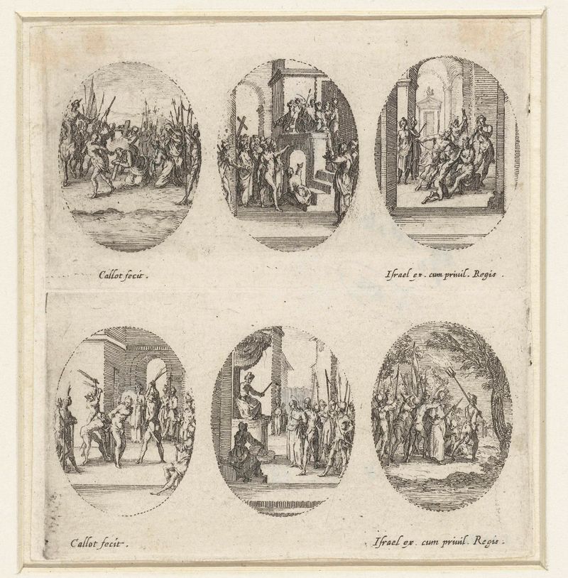 Grabado religioso de Jacques Callot que muestra figuras en sufrimiento y tensión