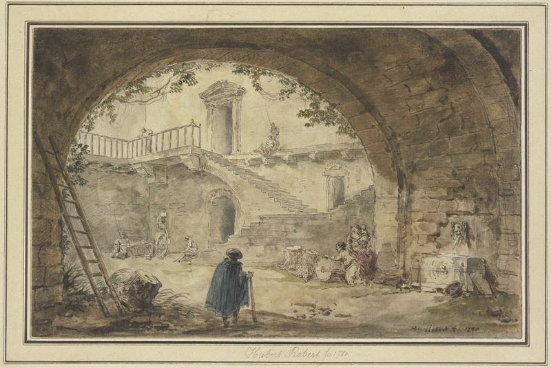 Pintura rococó de Hubert Robert com fonte e escada
