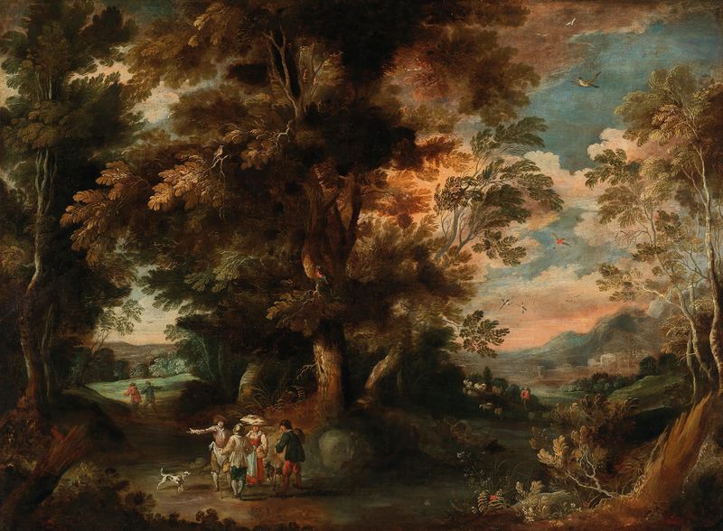 Wooded landscape with travelers, oil painting by David Vinckboons