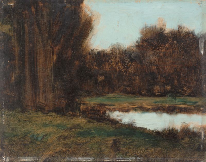 Oil painting by Jean-Jacques Henner depicting a tranquil pond and soft clouds.