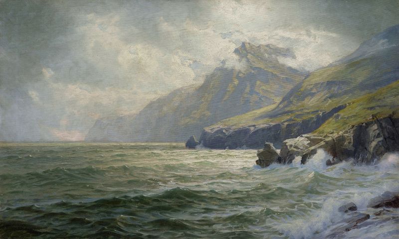 Donegal Bay de William Trost Richards, pintura al óleo que muestra olas rompiendo y costa rocosa