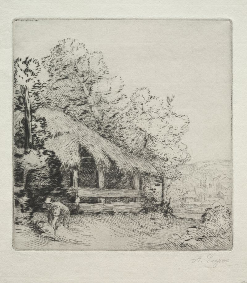 Paisaje con un cobertizo envejecido en tonos tierra de Alphonse Legros, óleo