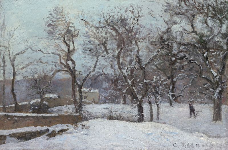 Snow at Louveciennes, pintura al óleo de Camille Pissarro, que representa un pueblo invernal cubierto de nieve.