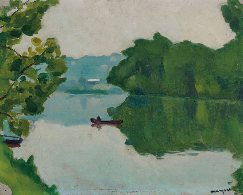 Bords de Marne, La Varenne de Albert Marquet, pintura a óleo que retrata uma paisagem de rio tranquila.