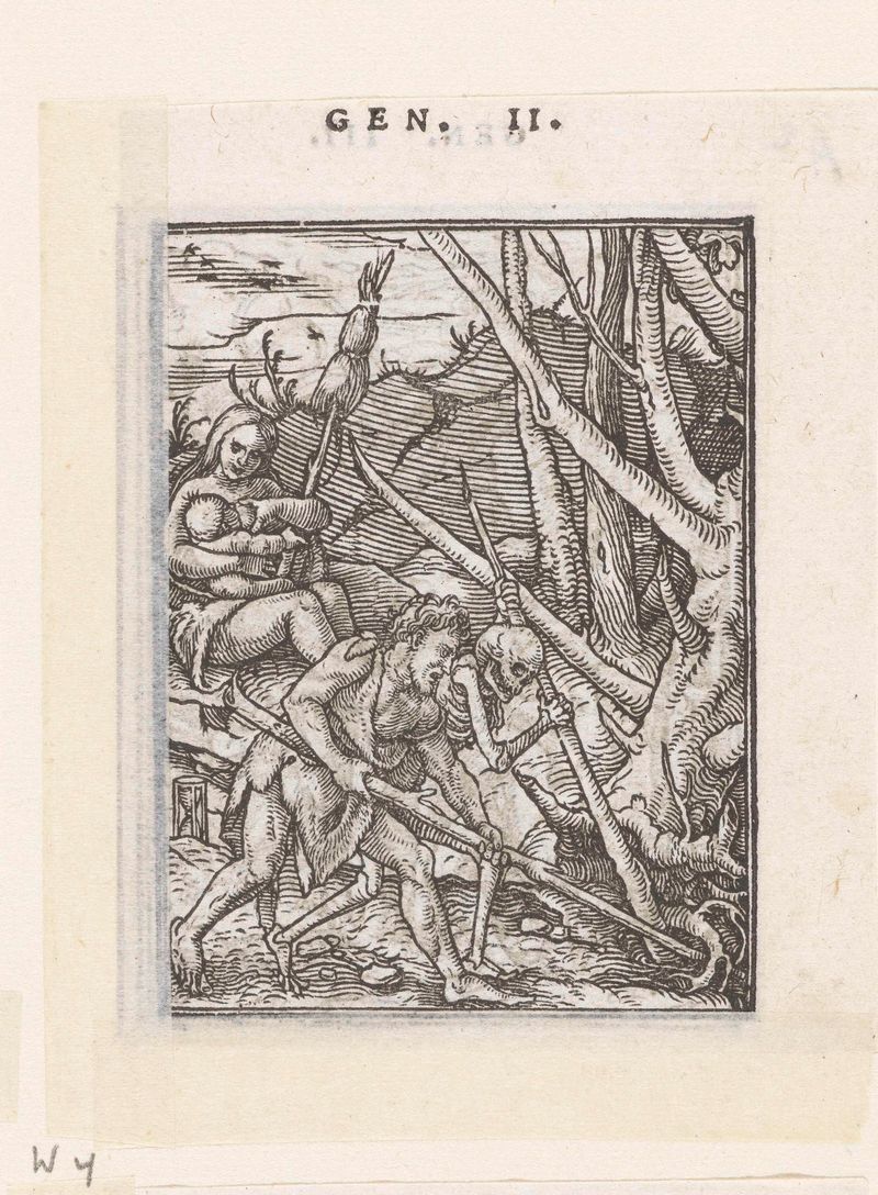 Adam and Eve working in the Garden of Eden, paper by Hans Holbein (II)
