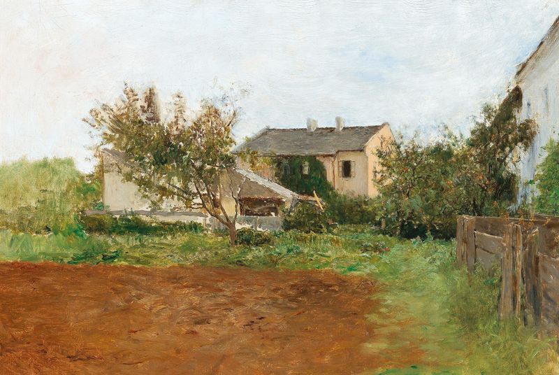 Landscape by Franz Rumpler, depicting a village edge at dusk, oil painting.