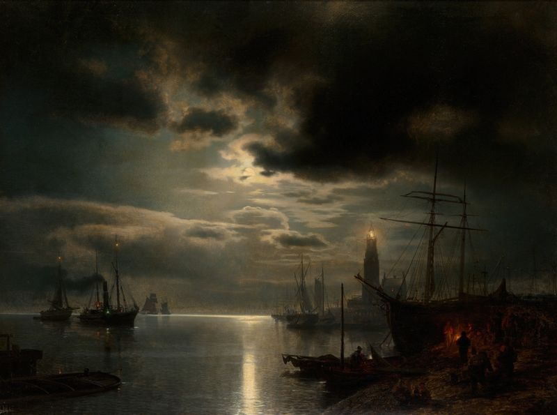 A Moonlit Harbor, oil on canvas by Hermann Ottomar Herzog, featuring boats and moonlight reflections.