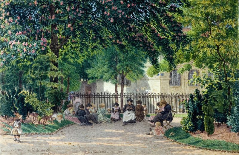 Group of women knitting in a park, oil on canvas by Félix Brard