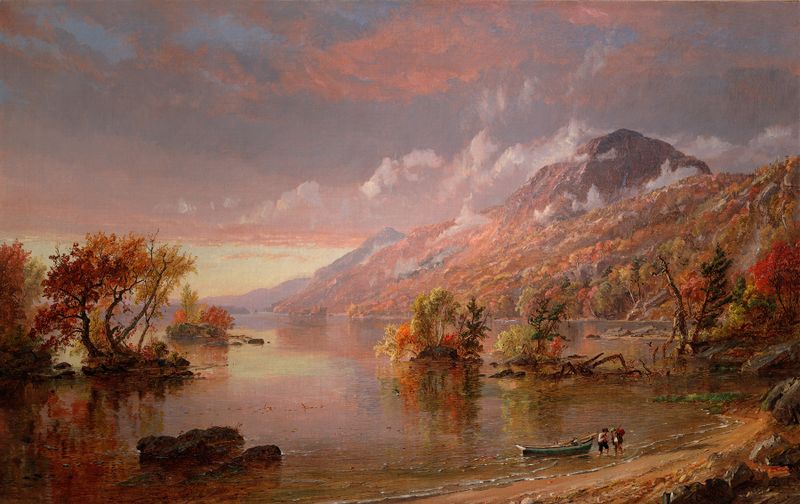 Lake George by Jasper Francis Cropsey, oil painting depicting serene waters and twilight reflections.