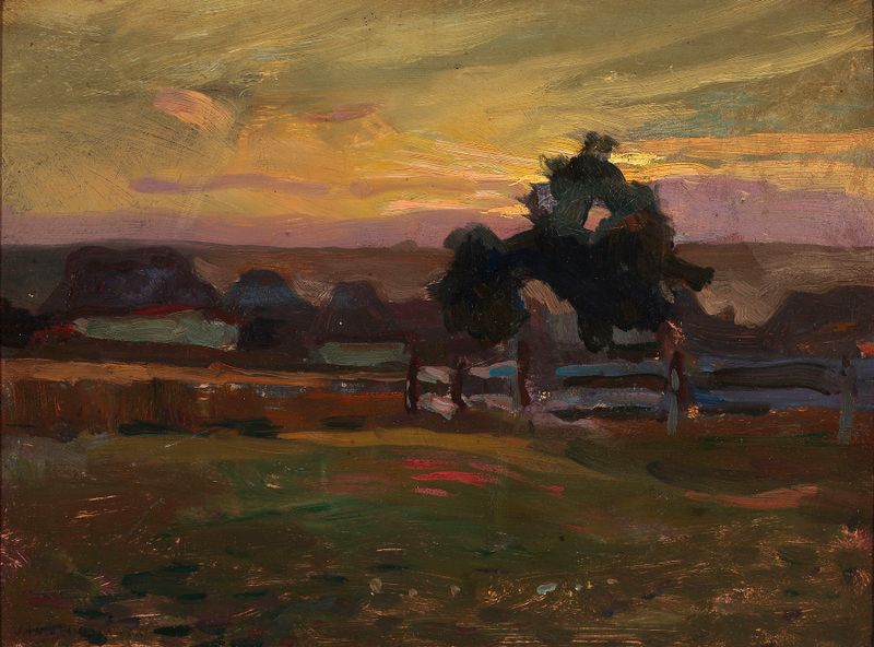 Landscape at dusk with lavender and gold hues by Jan Stanisławski, oil painting