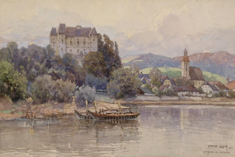 Landscape of the Danube River with sunlight, oil painting by Fritz Lach