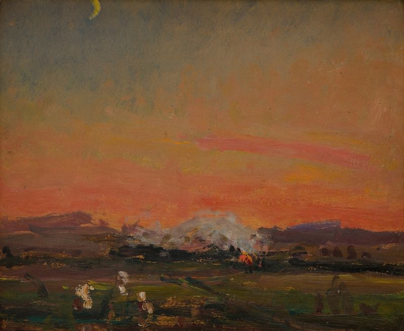 Paisaje al atardecer en Ucrania, pintura al óleo de Jan Stanisławski