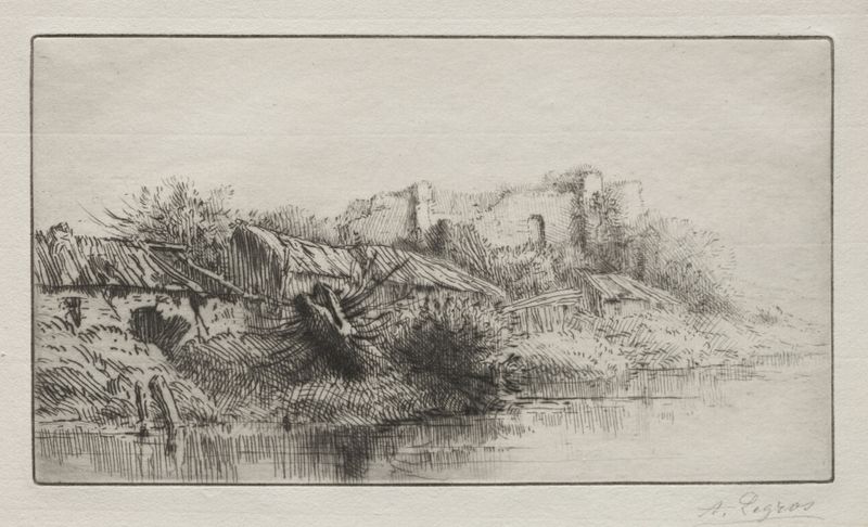 The Abandoned Village de Alphonse Legros, óleo sobre lienzo que muestra ruinas iluminadas por luz dorada.