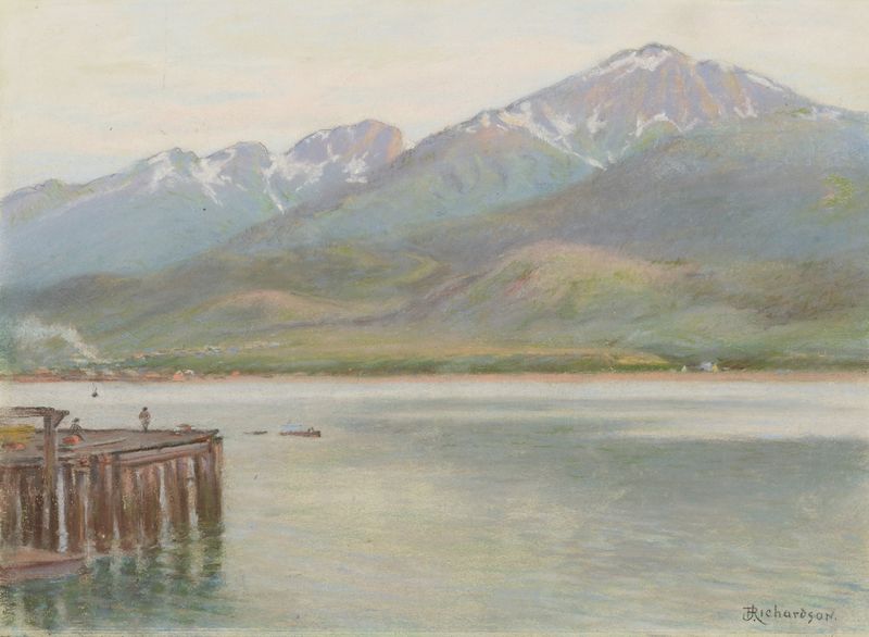 Mountain Jumbo, Juneau de Theodore J. Richardson, óleo sobre tela mostrando montanhas, água e vegetação.