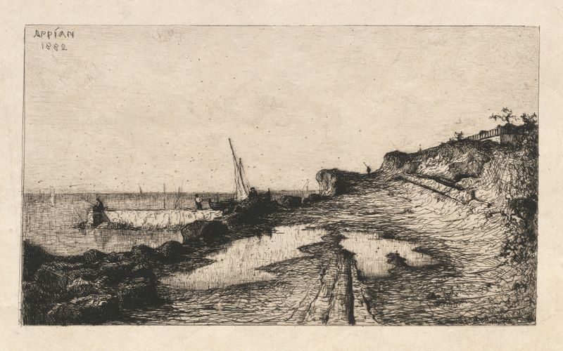 Pintura a óleo de paisagem de Adolphe Appian com colinas e um caminho sinuoso