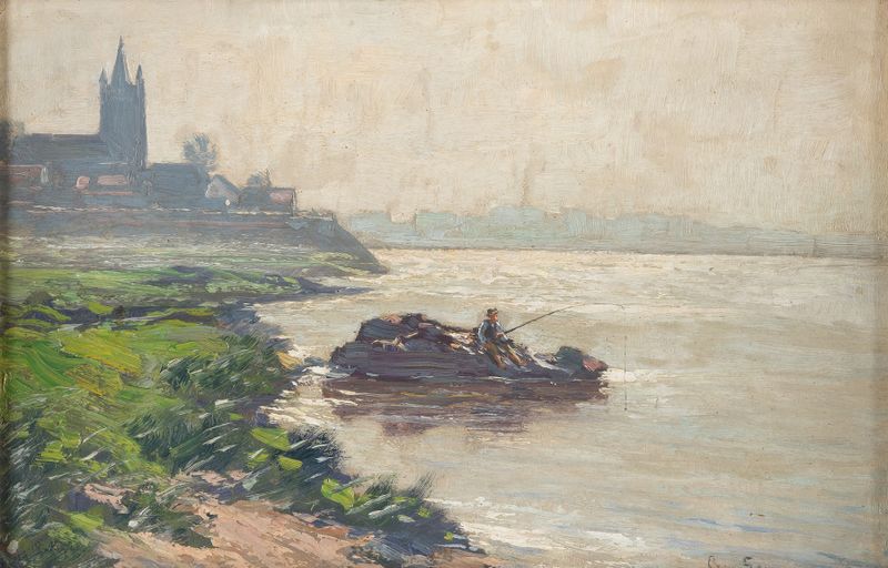 Summer’s Day by the River, óleo sobre tela de Georg Sommer, retratando uma cena tranquila de rio com luz dourada.