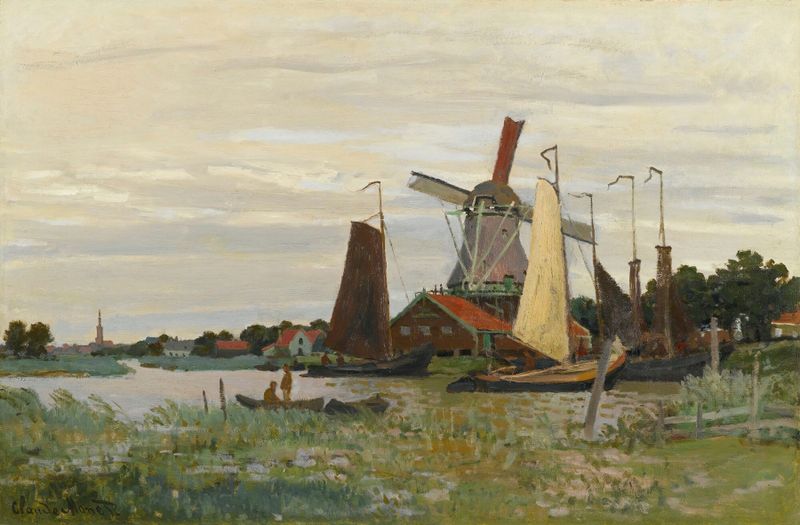 Un Moulin À Zaandam de Claude Monet, pintura a óleo de um moinho em campos sob luz suave.