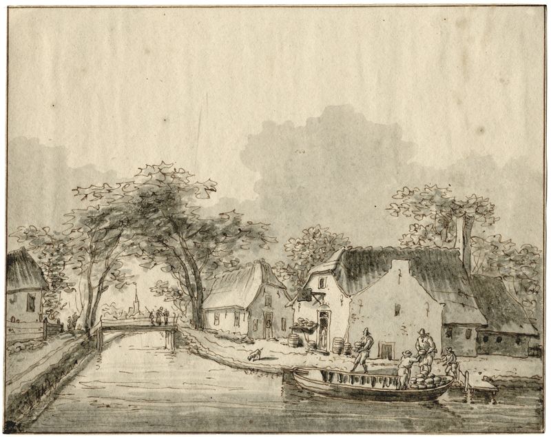 Canal landscape with houses and greenery by Barend Hendrik Thier, medium unknown