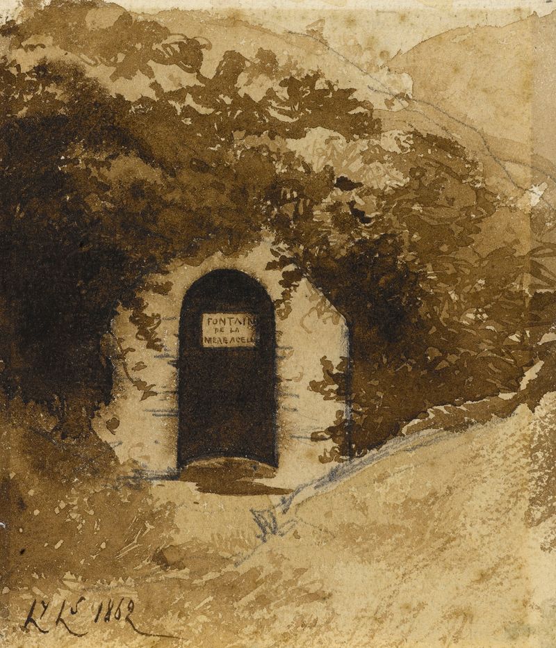 La fontaine de Henri-Joseph Harpignies, pintura al óleo de una fuente serena rodeada de vegetación.