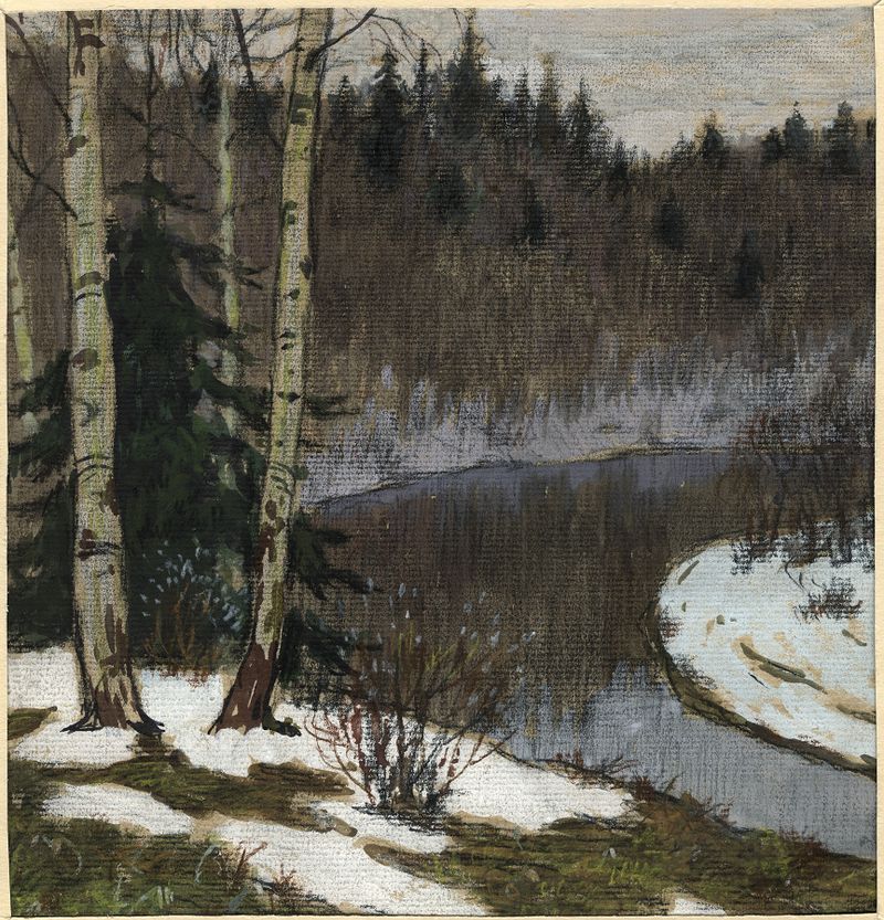Thawed patches of snow in spring, oil on canvas by Boris Vasilievich Smirnov