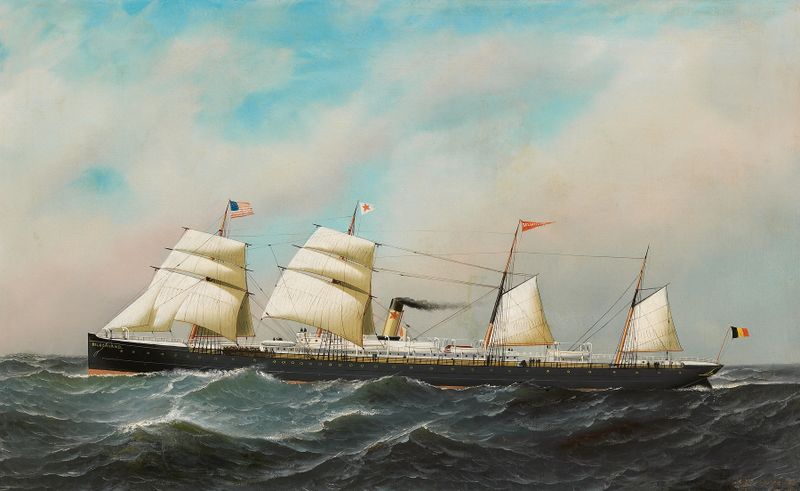 Oil painting of the ship Belgenland by Antonio Jacobsen, featuring sails and ocean.